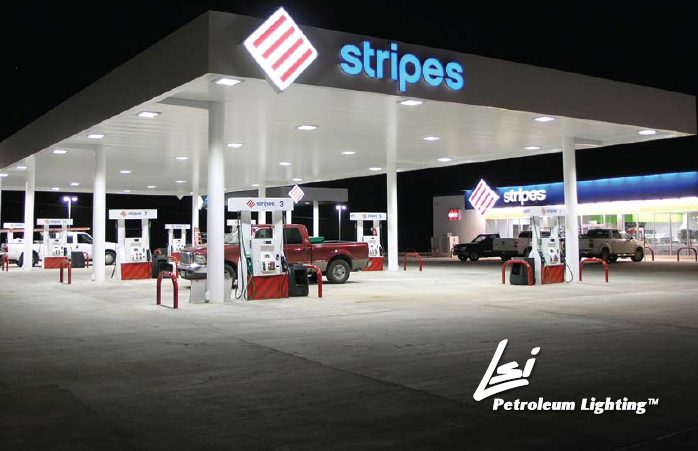 gas station canopy with energy efficient lighting installed and on