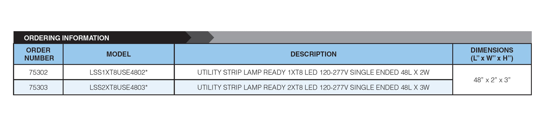 Ordering Information Maxlite LSS1XT8USE4802 75302 1 Lamp T8 LED Tube Ready 4 ft Linear Utility Strip Light Fixture Pre-Wired 120-277V