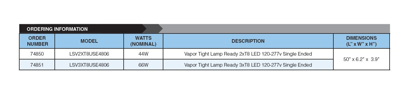 Ordering Maxlite LSVT8USE4806 4 Foot Pre-Wired T8 LED Tube Ready Vapor Tight Fixture