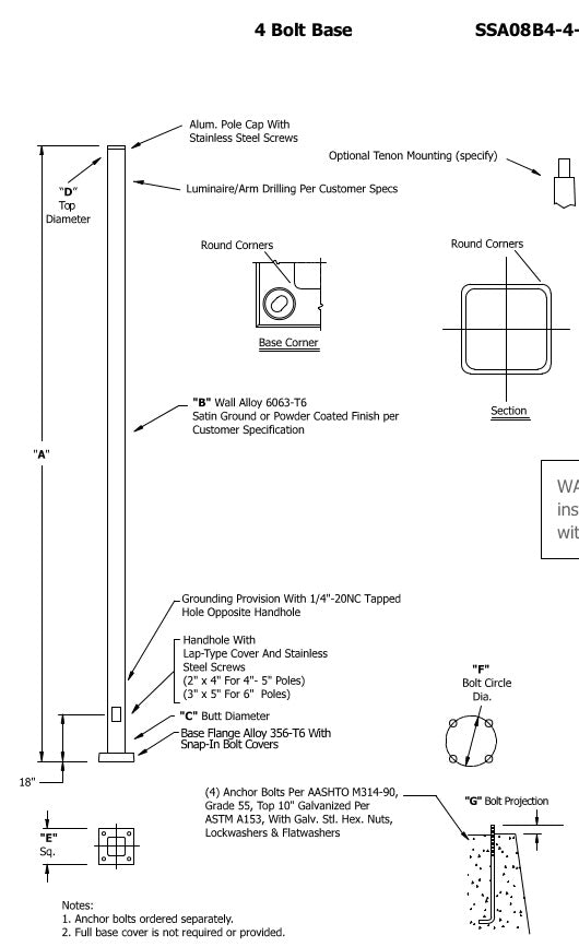 Pole Info 8 Foot 4 Inch Square Straight Aluminum Light Pole .125