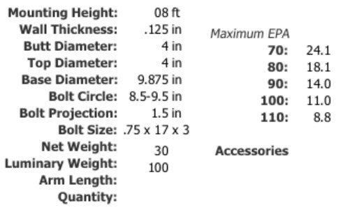 Specifications 8 Foot 4 Inch Square Straight Aluminum Light Pole .125