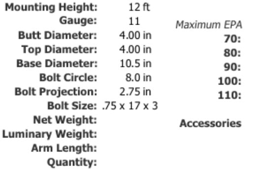 Specifications 12 Foot 4 Inch Round Straight Steel Light Pole 11 Gauge Made in USA Free Shipping 