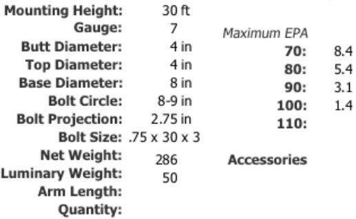 Specifications 30 Foot 4 Inch Square Steel Light Pole 7 Gauge Made in USA Free Shipping