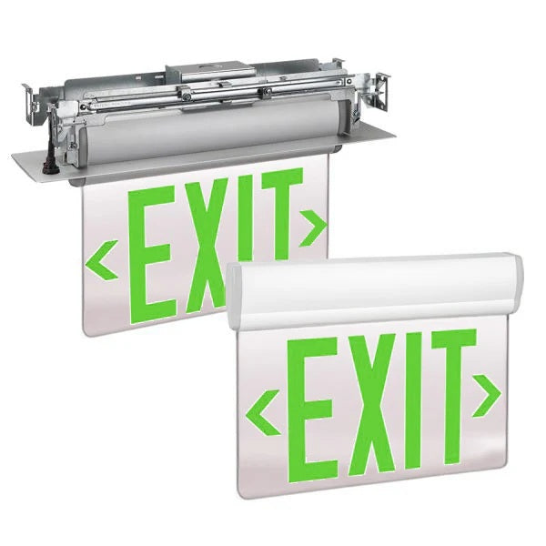 Mule Lighting PVT-2-A-GM-U-BA Pivotal Series Edge-Lit Double Face Exit Sign AC Only with GREEN LED Mirror Panel Surface in Brushed Aluminum Housing