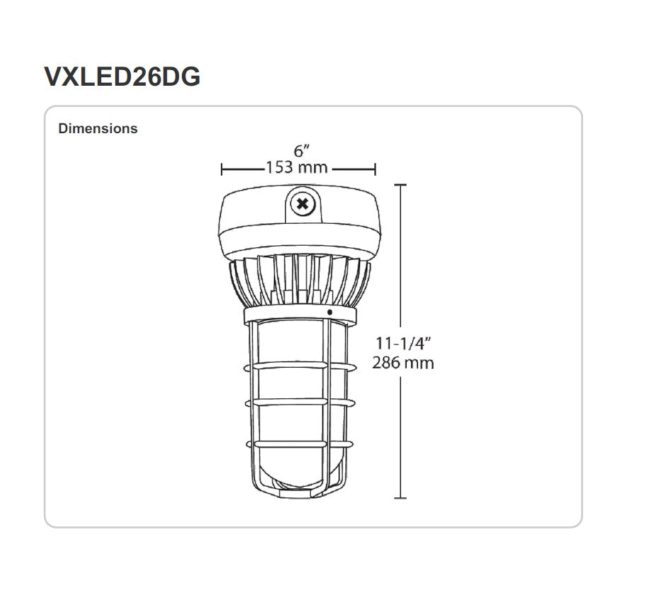 Dimensions RAB Lighting VXLED26 26 Watt LED Vaporproof Ceiling Fixture with Guard - Choose Uplight or Downlight Fixture