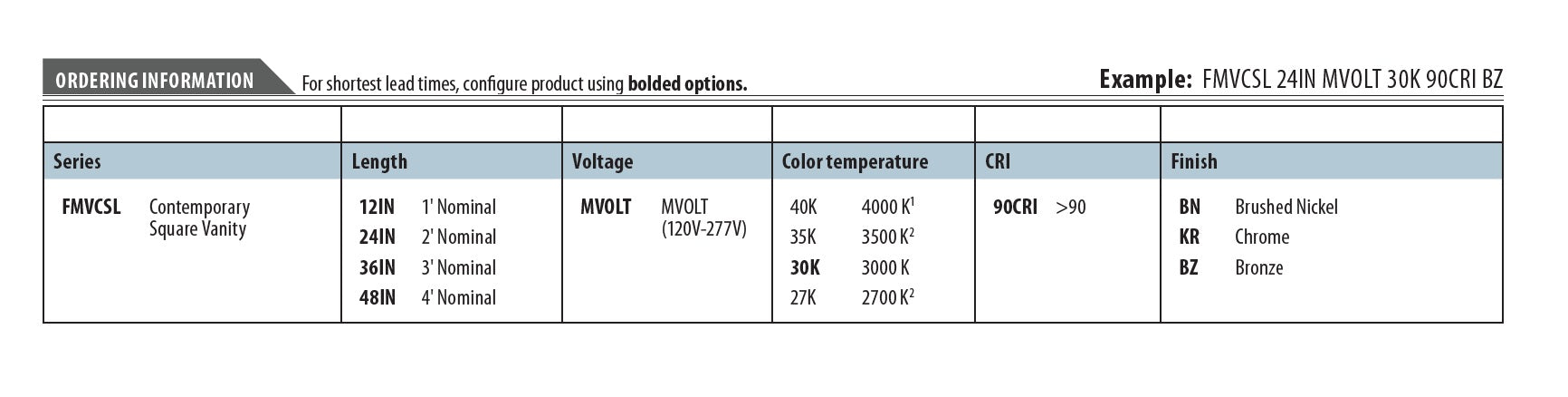 Ordering Lithonia Lighting FMVCSL-12IN 9.5 Watt 12 Inch 1ft Contemporary Square LED Vanity Light 120-277V 3000K