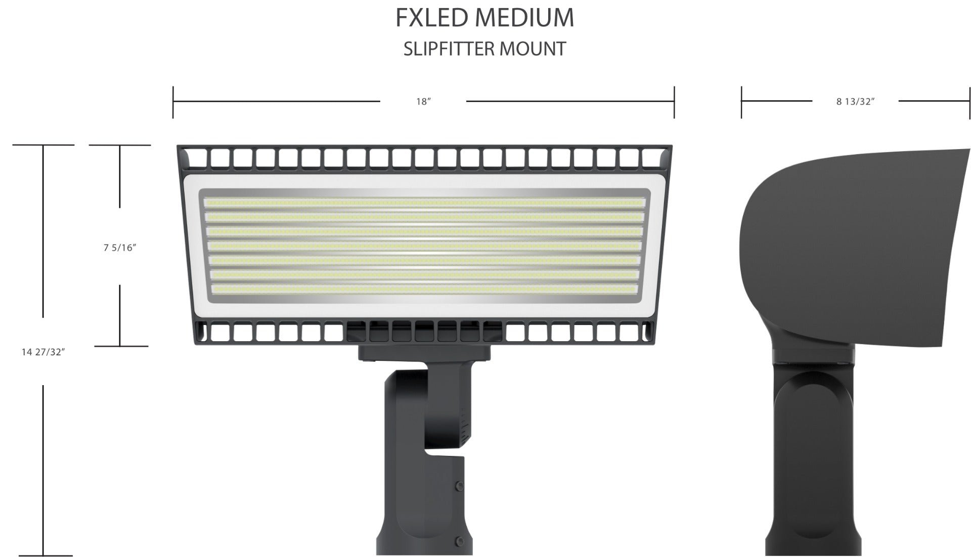 Dimensions - RAB Lighting FXLEDMSF DLC Premium FXLED Series Multi-Watt Field Adjustable Medium Floodlight with Slipfitter Mount Dimmable 1000W MH Equivalent