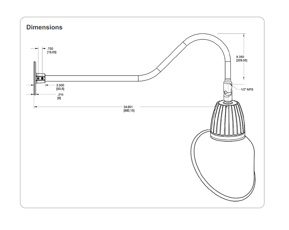 Dimensions RAB Lighting GN2LED13 13 Watt Decorative LED Gooseneck Cone Shade Light with 35 Inch Goose Arm Style 2