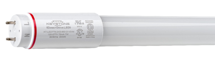 Keystone Technologies KT-LED7T8-24GC DLC Listed 7 Watt LED T8 Shatter-Proof Coated Glass Single Ended Linear Tube Lamp Dimmable  G13 Base