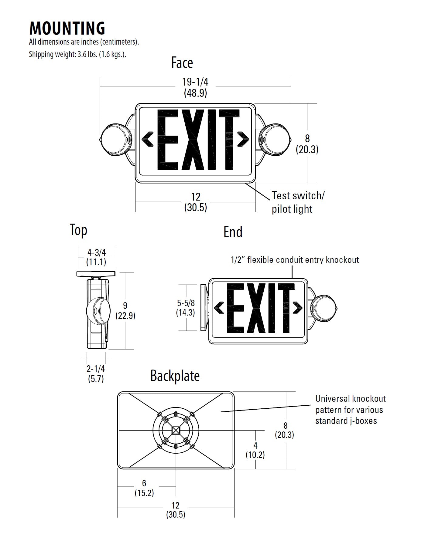 Moutning Lithonia Lighting LHQM-LED-R-HO-M6 LED White Exit Sign Emergency Frog Eyes Combo Unit with High Output Battery