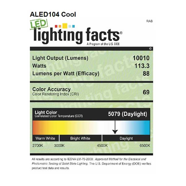 Lighting Facts RAB Lighting ALED104 104 Watts LED Area Light Fixture Standard Pole Mount 5100K