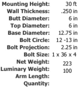 Pole Specifications 30 Foot 6 Inch Square Straight Aluminum Light Pole .250