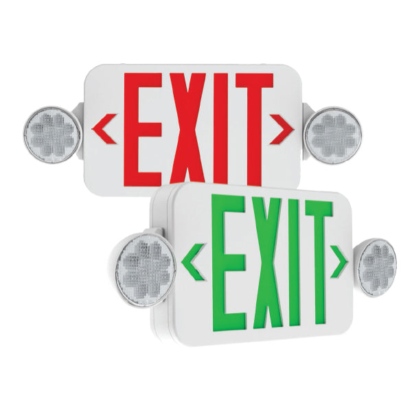 Barron Lighting QCRS-U-WH 1.5 Watt LED Double Head Lamp Slim Thermoplastic Exit Sign Combo with Red/Green LEDs
