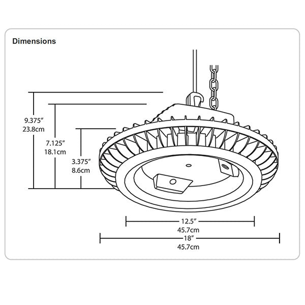 RAB Lighting BAYLED104 104 Watt LED High Bay Light Fixture with Hook and Cord White Finish - Dimensions