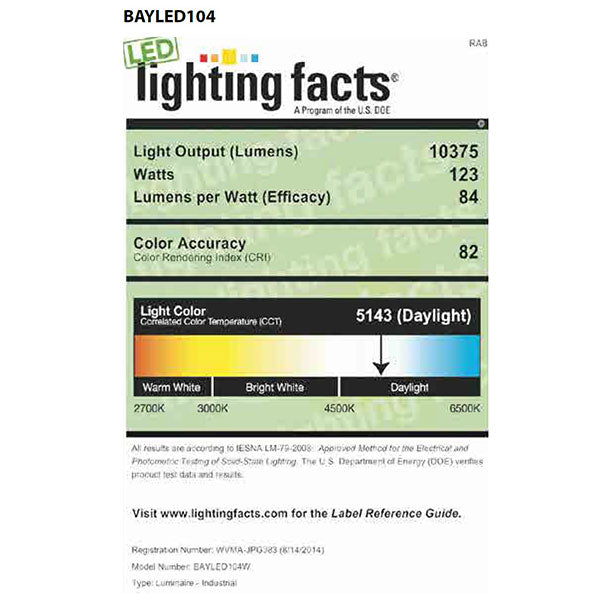 RAB Lighting BAYLED104 104 Watt LED High Bay Light Fixture with Hook and Cord White Finish - Lighting Facts