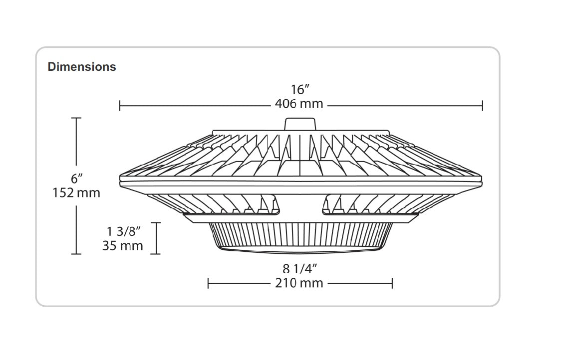RAB Lighting GPLED78 78 Watt LED Garage Ceiling Light Fixture Pendant Mount with Prismatic Lens - Dimensions