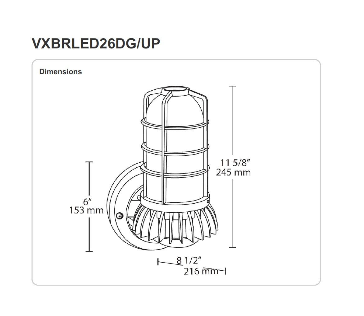 RAB Lighting VXBRLED26 26 Watt LED Wall Vaporproof Fixture with Guard - Choose Uplight or Downlight - Uplight Dimensions