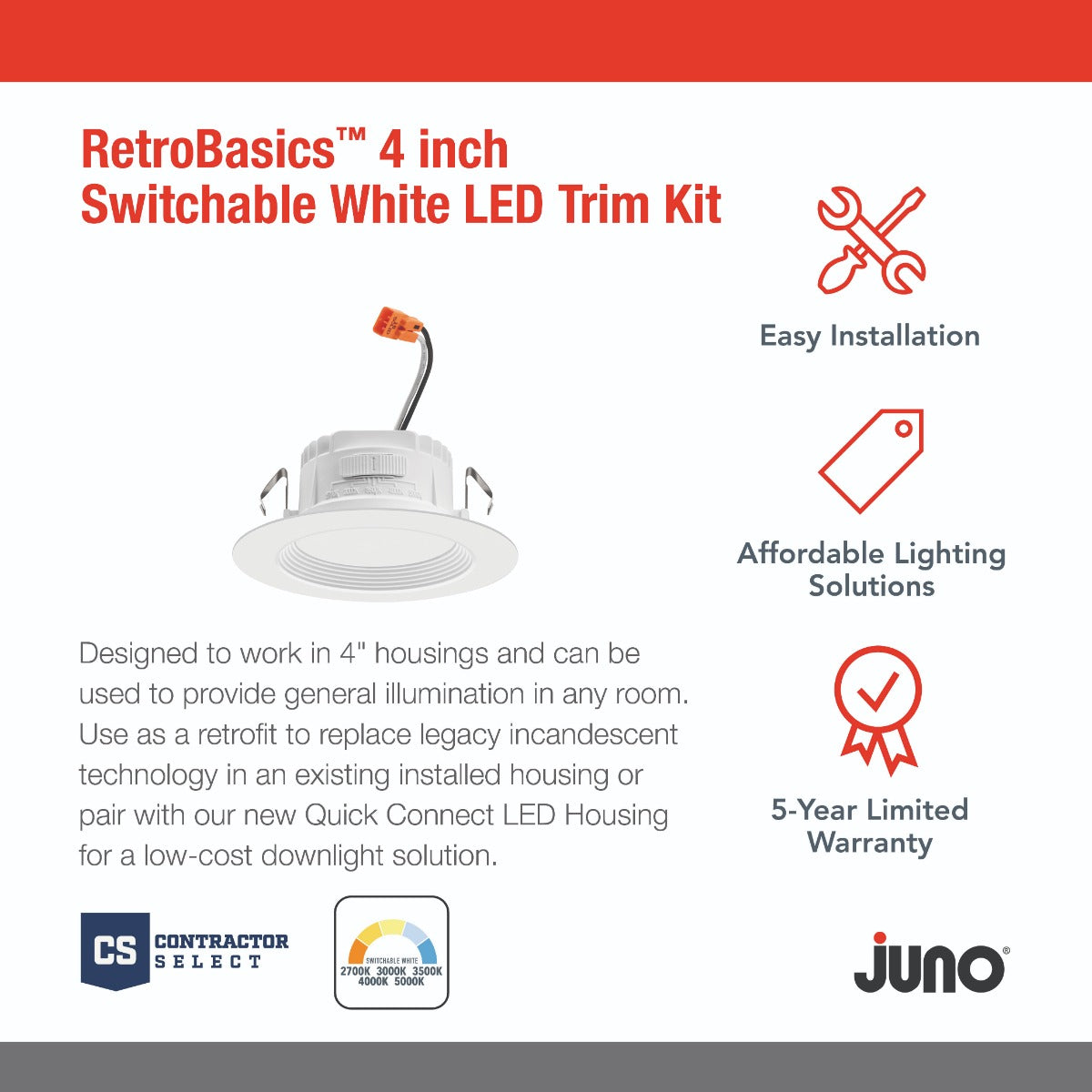 Product Info - Juno Lighting RB4 SWW5 MW M6 4-Inch Switchable Baffle Downlight Retrofit