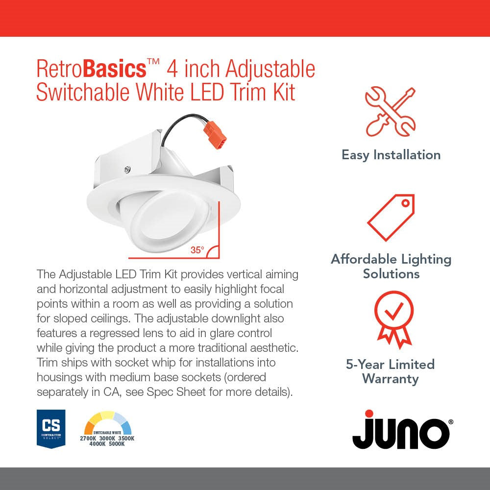Product Info - Juno Lighting RB4A SWW5 MW M6 4-Inch Switchable Adjustable Downlight Retrofit