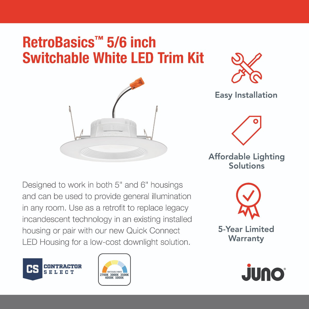 Product Info - Juno Lighting RB56 SWW5 MW M6 RetroBasics™ 5/6-Inch Switchable Baffle Downlight Retrofit
