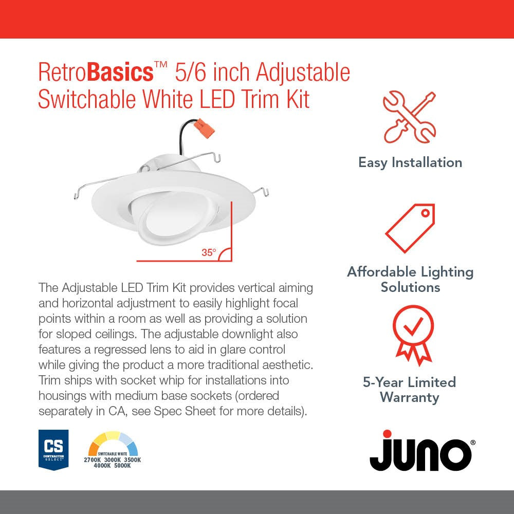 Product Info - Juno Lighting RB56A SWW5 MW M6 RetroBasics™ 5/6-Inch Switchable Adjustable Downlight Retrofit