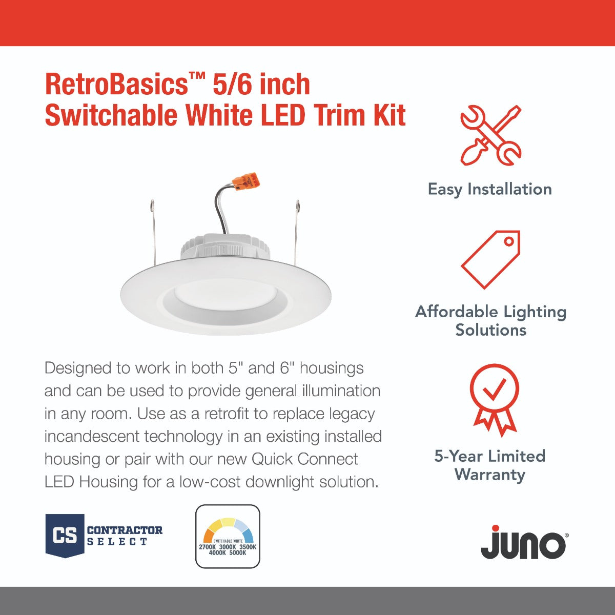 Product Info - Juno Lighting RB56S SWW5 MW M6 RetroBasics™ 5/6-Inch Switchable Smooth Downlight Retrofit