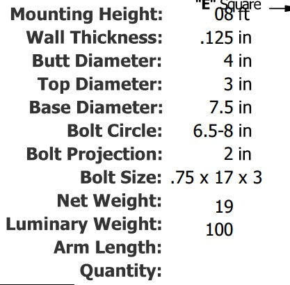 Specifications 8 Foot 4 Inch Round Tapered Aluminum Light Pole .125