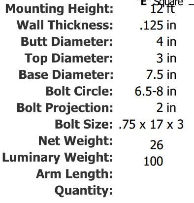 Specifications 12 Foot 4 Inch Round Tapered Aluminum Light Pole .125