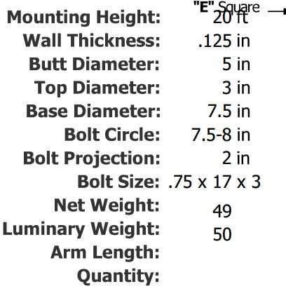 Specifications 20 Foot 5 Inch Round Tapered Aluminum Light Pole .125
