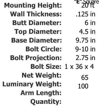 Specifications 20 Foot 6 Inch Round Tapered Aluminum Light Pole .125