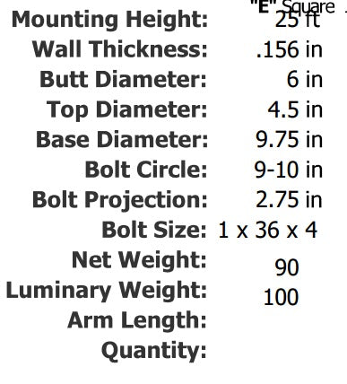 Specifications 25 Foot 6 Inch Round Tapered Aluminum Light Pole .156