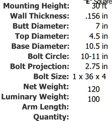 Specifications 30 Foot 7 Inch Round Tapered Aluminum Light Pole .156