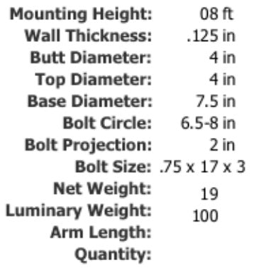 Specifications 8 Foot 4 Inch Round Straight Aluminum Light Pole .125