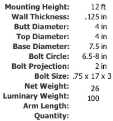 Specifications 12 Foot 4 Inch Round Straight Aluminum Light Pole .125