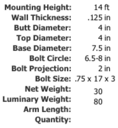 Specifications 14 Foot 4 Inch Round Straight Aluminum Light Pole .125