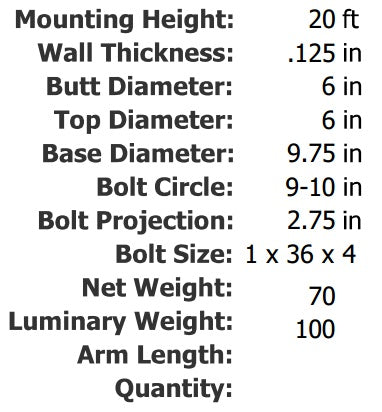 Specifications 20 Foot 6 Inch Round Straight Aluminum Light Pole .125