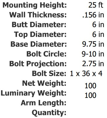 Specifications 25 Foot 6 Inch Round Straight Aluminum Light Pole .156