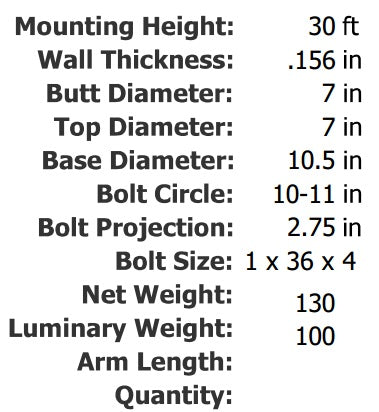 Specifications 30 Foot 7 Inch Round Straight Aluminum Light Pole .156