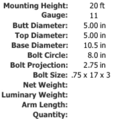 Specifications 20 Foot 5 Inch Round Straight Steel Light Pole 11 Gauge Made in USA Free Shipping