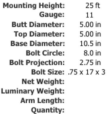 Specifications 25 Foot 5 Inch Round Straight Steel Light Pole 11 Gauge Made in USA Free Shipping