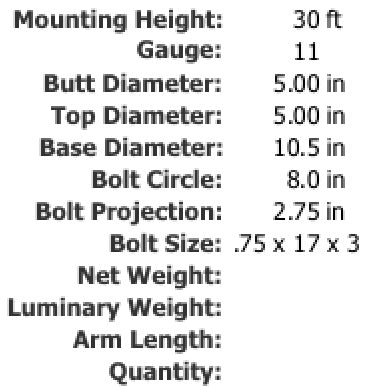 Specifications 30 Foot 5 Inch Round Straight Steel Light Pole 11 Gauge Made in USA Free Shipping