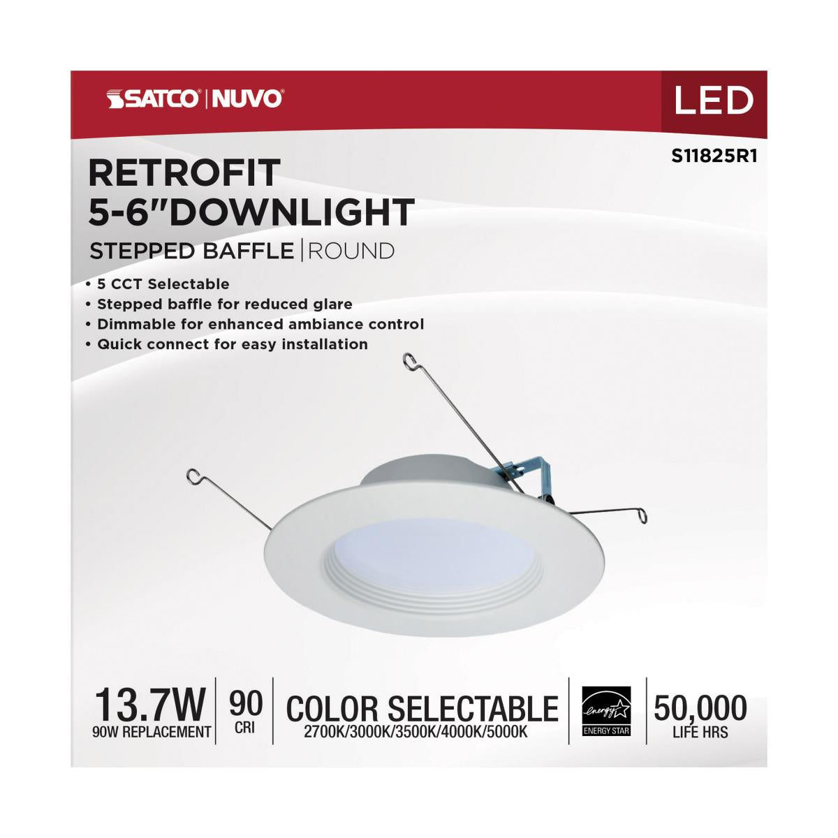 Satco Lighting S11825R1 Color Selectable 13.7-Watt 5/6-Inch LED Recessed Downlight Retrofit Dimmable