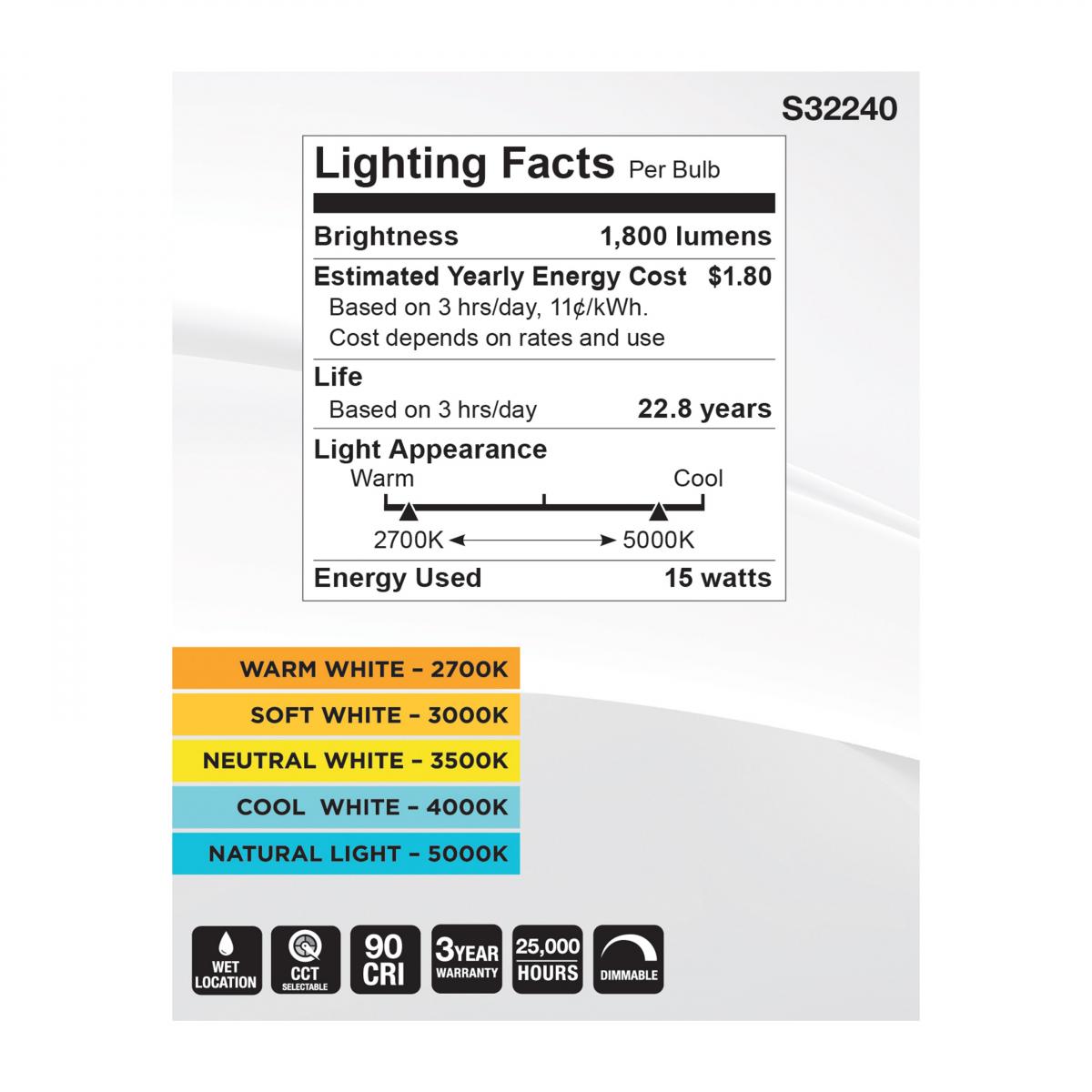 Satco Lighting S32240 15-Watt Color Selectable PAR30LN High Lumen Long Neck Flood Lamp Replaces 100W Incandescent