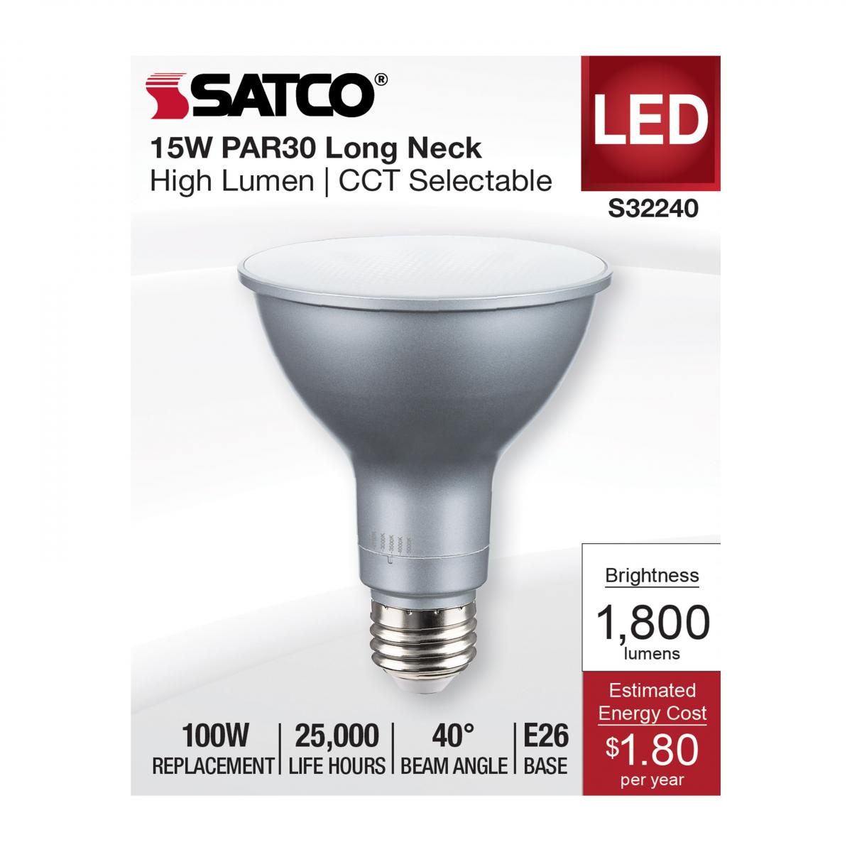 Satco Lighting S32240 15-Watt Color Selectable PAR30LN High Lumen Long Neck Flood Lamp Replaces 100W Incandescent
