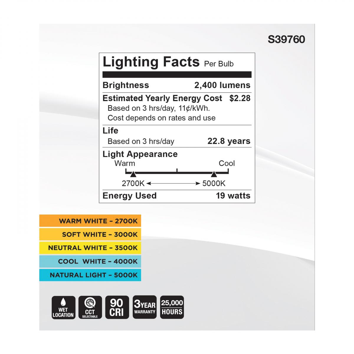 Lighting Facts - Satco Lighting S39760 19-Watt Color Selectable PAR38 Flood Lamp Replaces 250W Incandescent