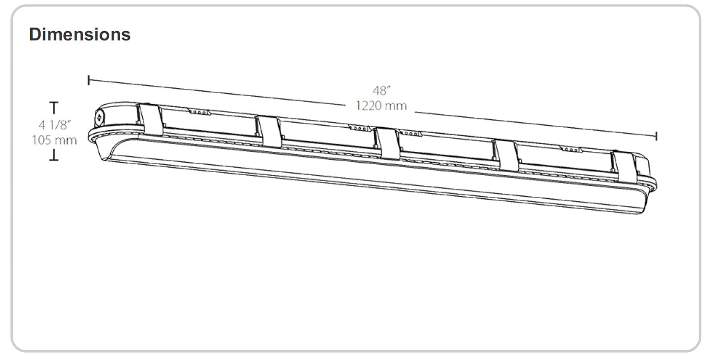 Dimensions RAB Lighting SHARK4-36 36 Watt 4 Foot Impact Resistant LED Linear Washdown Dimmable Light Fixture 120-277V