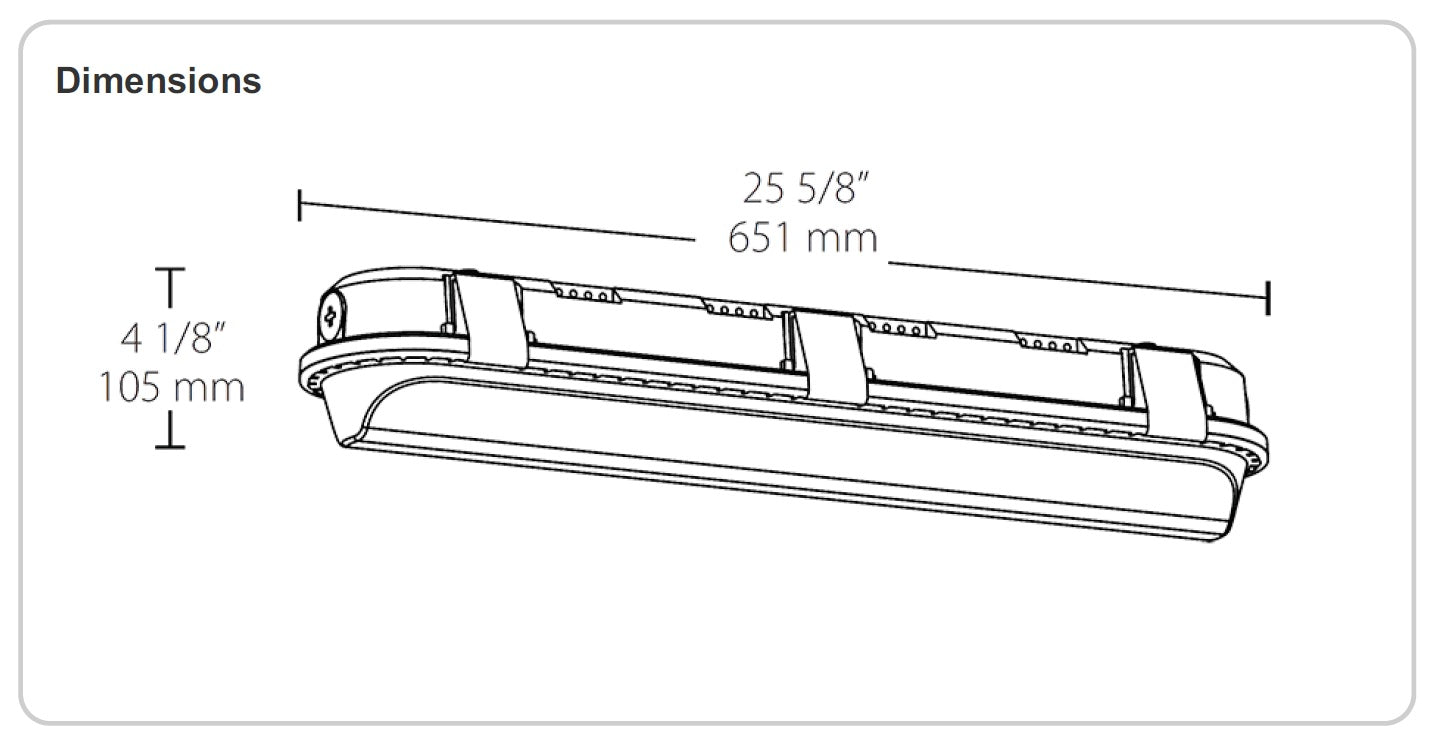 Dimensions RAB Lighting SHARK2-25 25 Watt 2 Foot Impact Resistant LED Linear Washdown Dimmable Light Fixture 120-277V