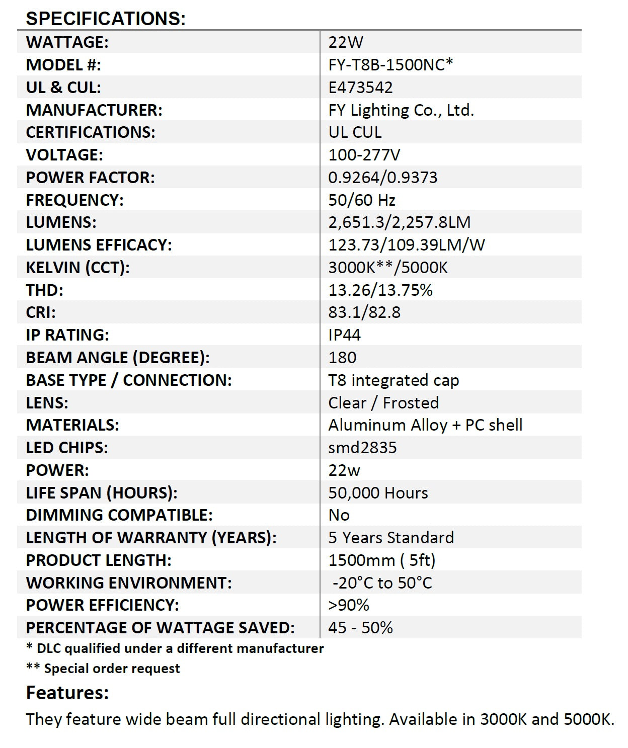 Specifications LEDone LOD-C5FT24W 5 Foot 24 Watt Refrigerator Cooler Tube Lamp Internally Driven 5000K