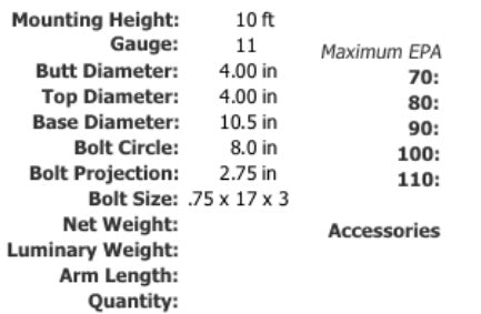 Product Info 10 Foot 4 Inch Round Straight Steel Light Pole 11 Gauge Made in USA Free Shipping 