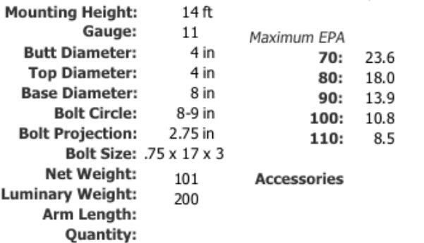 Specifications 14 Foot 4 Inch Square Steel Light Pole 11 Gauge Made in USA Free Shipping
